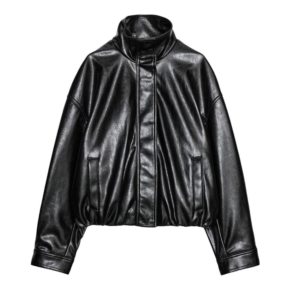 Zara Black Faux Leather High-Collar Jacket size Small